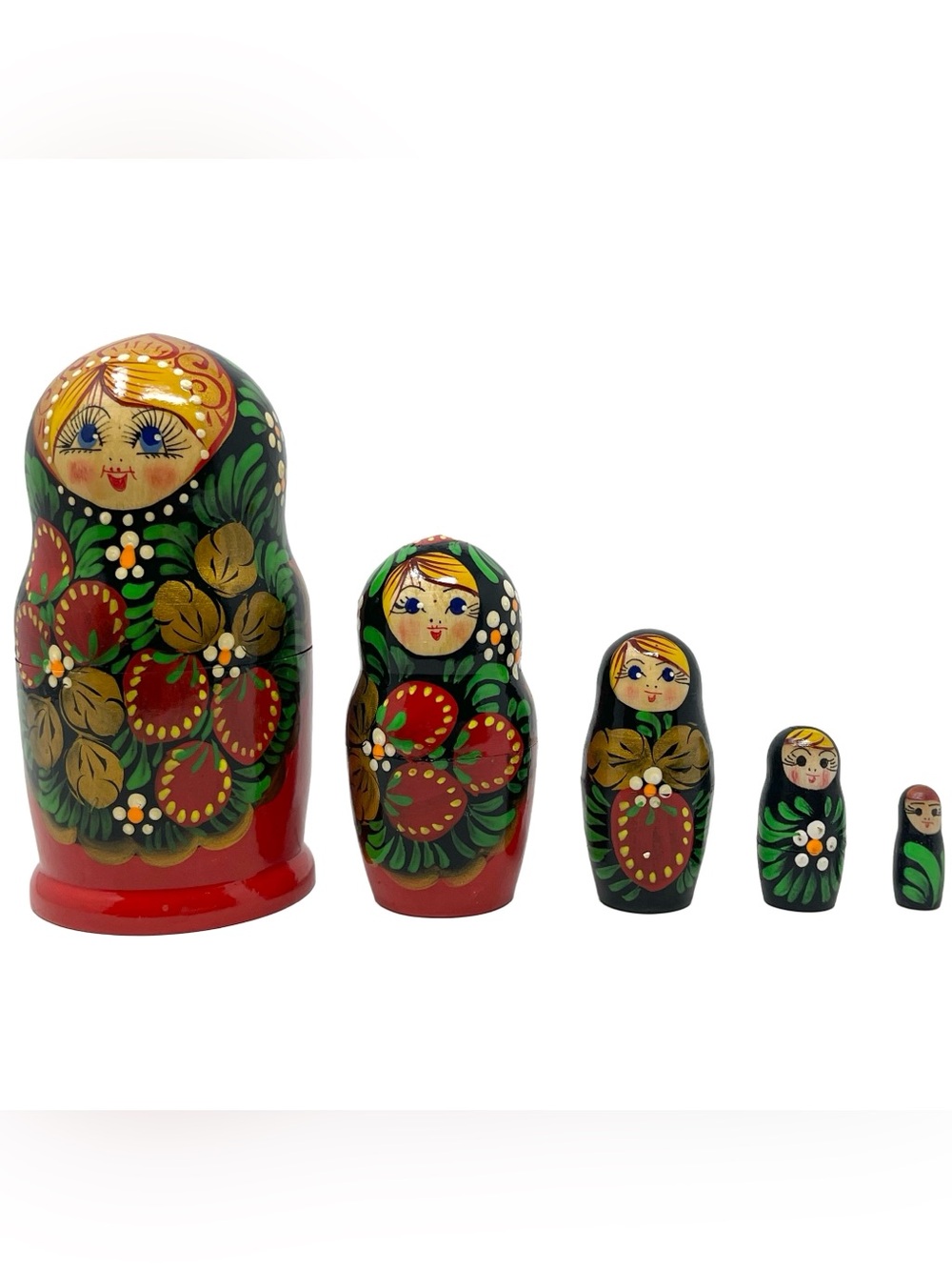Vintage Russian Matryoshka Nesting Dolls Set of 5 Hand Painted Floral Red Green